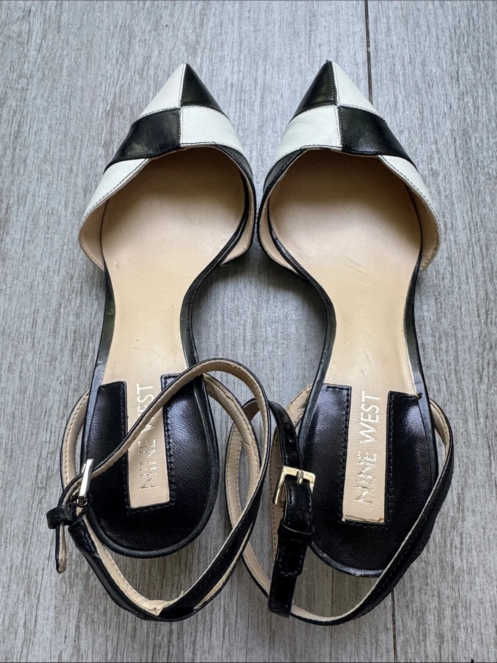 Nine West Black & White Pointed Toe Ankle Strap Heels vintage size 6.5